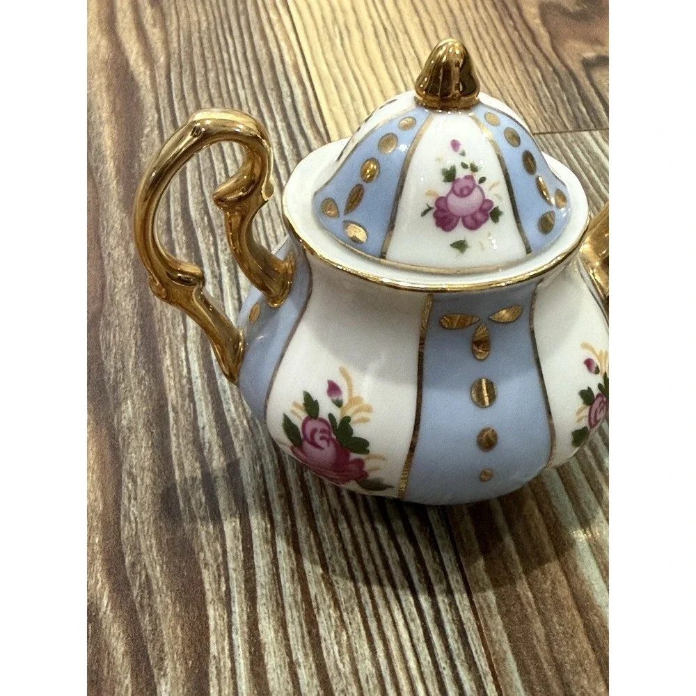 Miniature Blue and White w/ Pink Rose Design, Gold Trim Porcelain Teapot 3